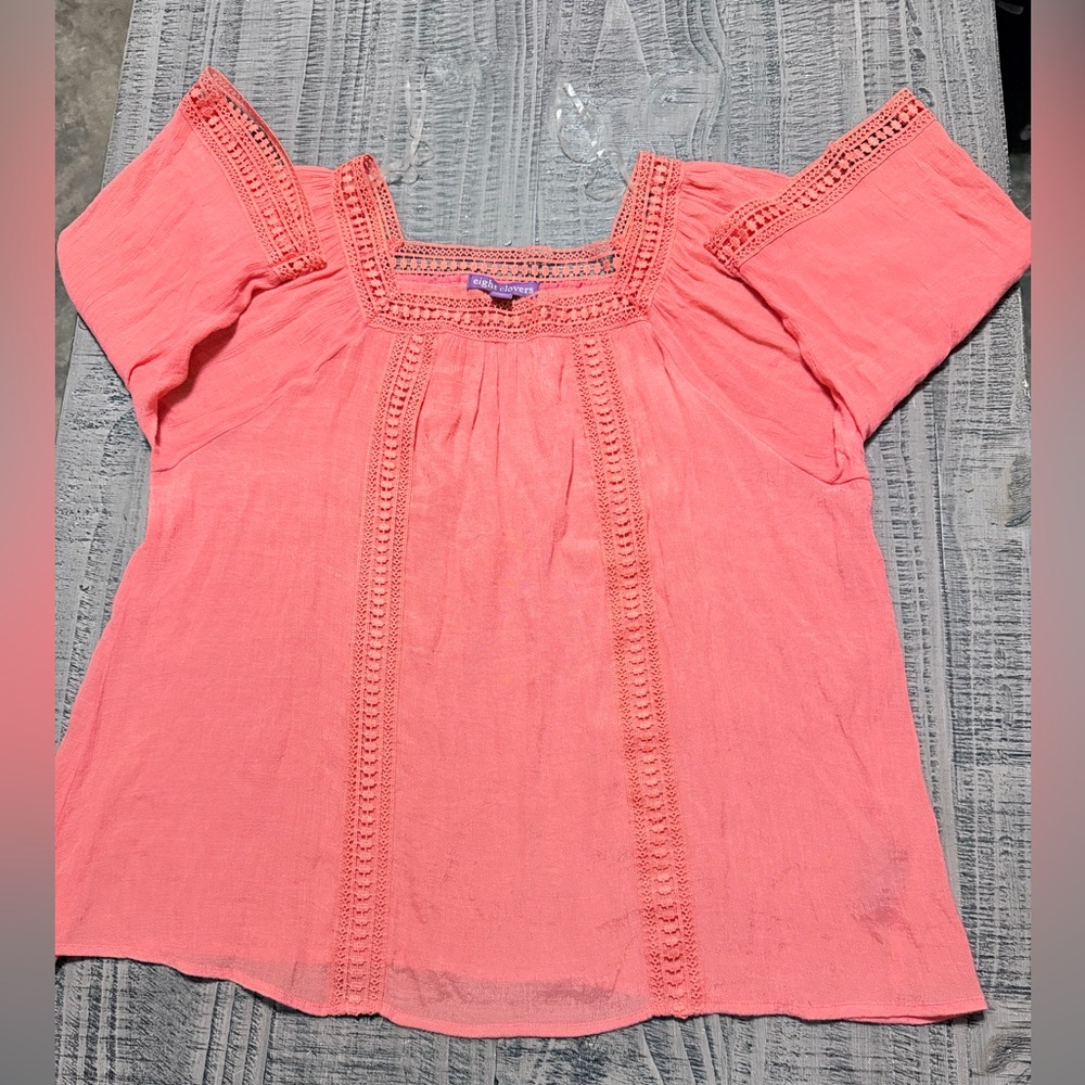 Coral Crochet-Trim Peasant Top